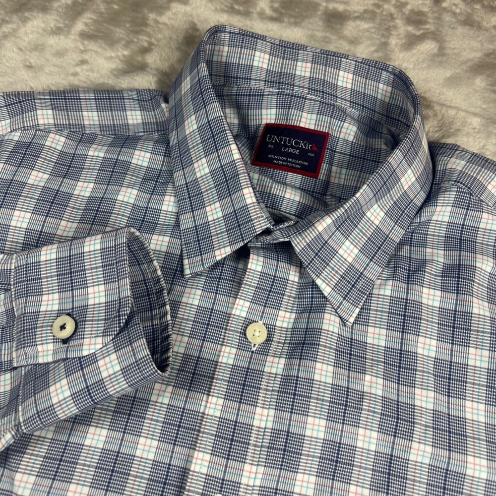UNTUCKit Men's Large Adult Button Down Navy Plaid Burklin Performance Stretch